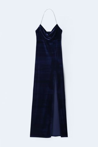 Navy blue velvet dress with chain strap, s