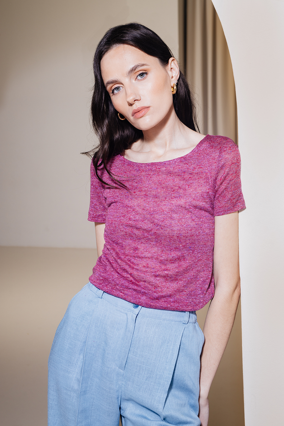 Linen T-shirt, fuchsia melange color