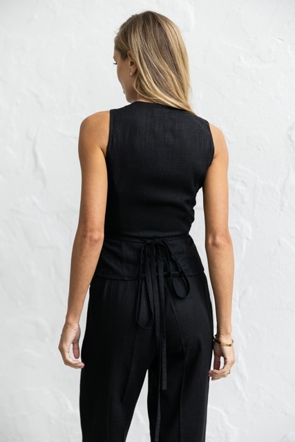 Linen vest with embroidery, black xs