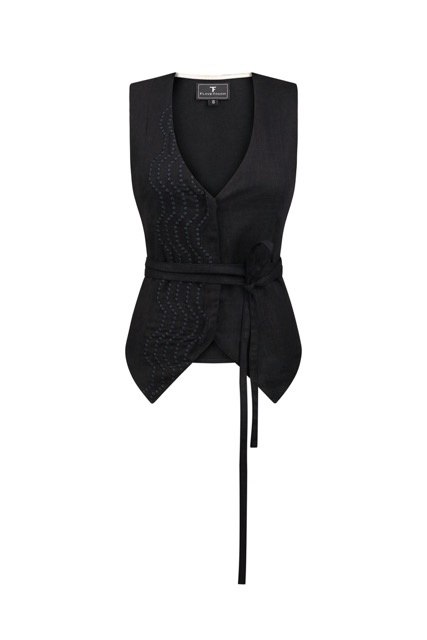 Linen vest with embroidery, black xs