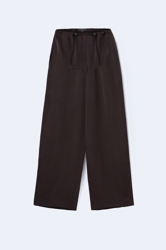 Cupro pants in chocolate color with drawstring, xs-s