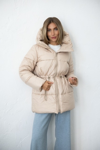 Medium length beige down jacket,  xs