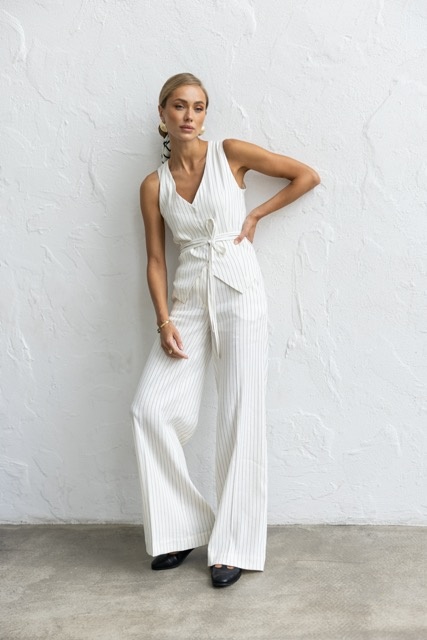 Linen trousers, white with stripes xs