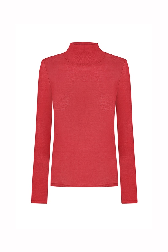 Red silk turtleneck with a cut, XS