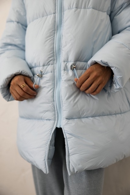 Medium length light blue down jacket, xs