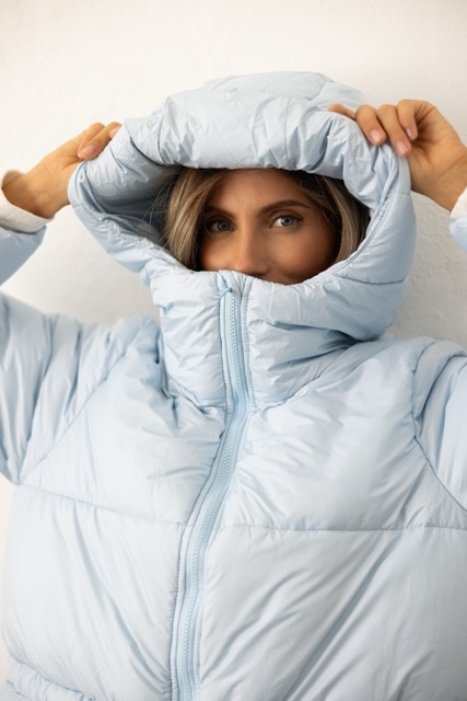 Medium length light blue down jacket, xs