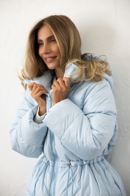 Medium length light blue down jacket, xs