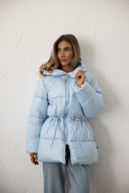 Medium length light blue down jacket, xs