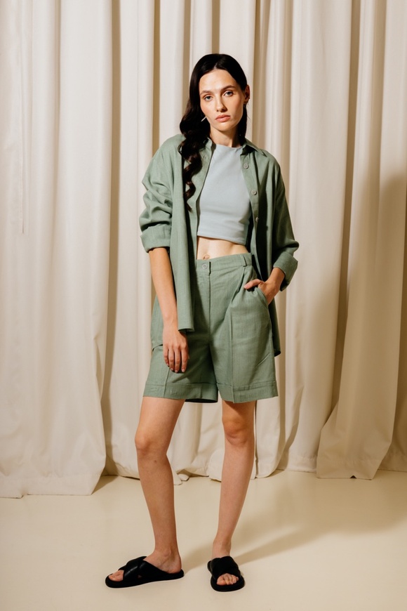 Olive linen suit with shorts, XS-s