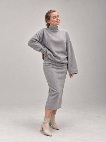 Grey wool-blend midi skirt with a slit, L