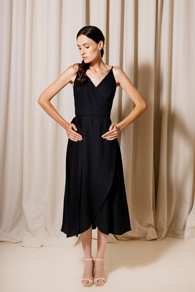 Black wrap dress with straps, L