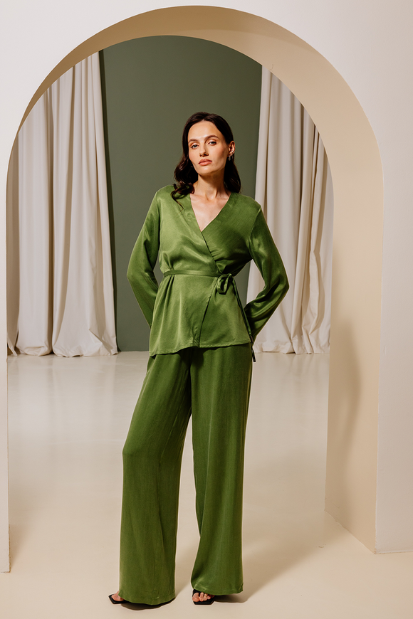 Palazzo trousers, green, silk "vegan" XS-S