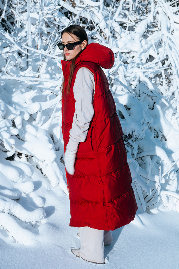 Oversized down jacket "Laura" with a hood, red color