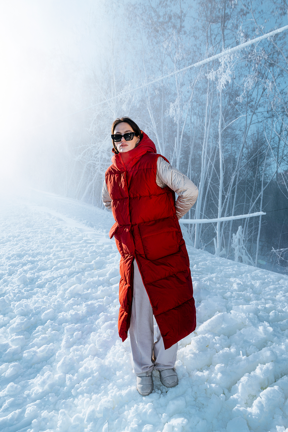 Oversized down jacket "Laura" with a hood, red color