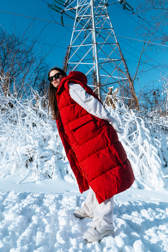 Oversized down jacket "Laura" with a hood, red color