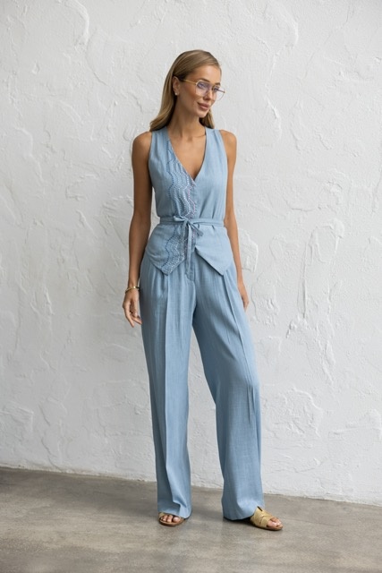 Linen suit: vest with embroidery, trousers xs-s