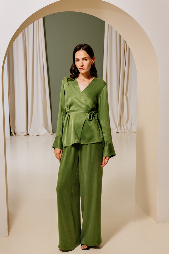 Palazzo trousers, green, silk "vegan" XS-S